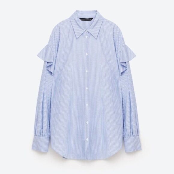 Zara Blue and White Striped Ruffle Sleeve Button-Down Shirt - Picture 9 of 11